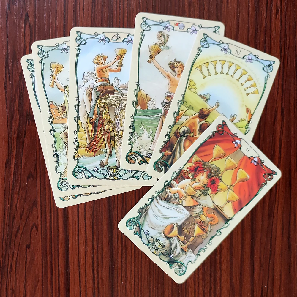 Beautiful Fantasy Tarot Deck. Tarot Divination Mucha Cards five languages: English, Spanish, French, Italian, and German