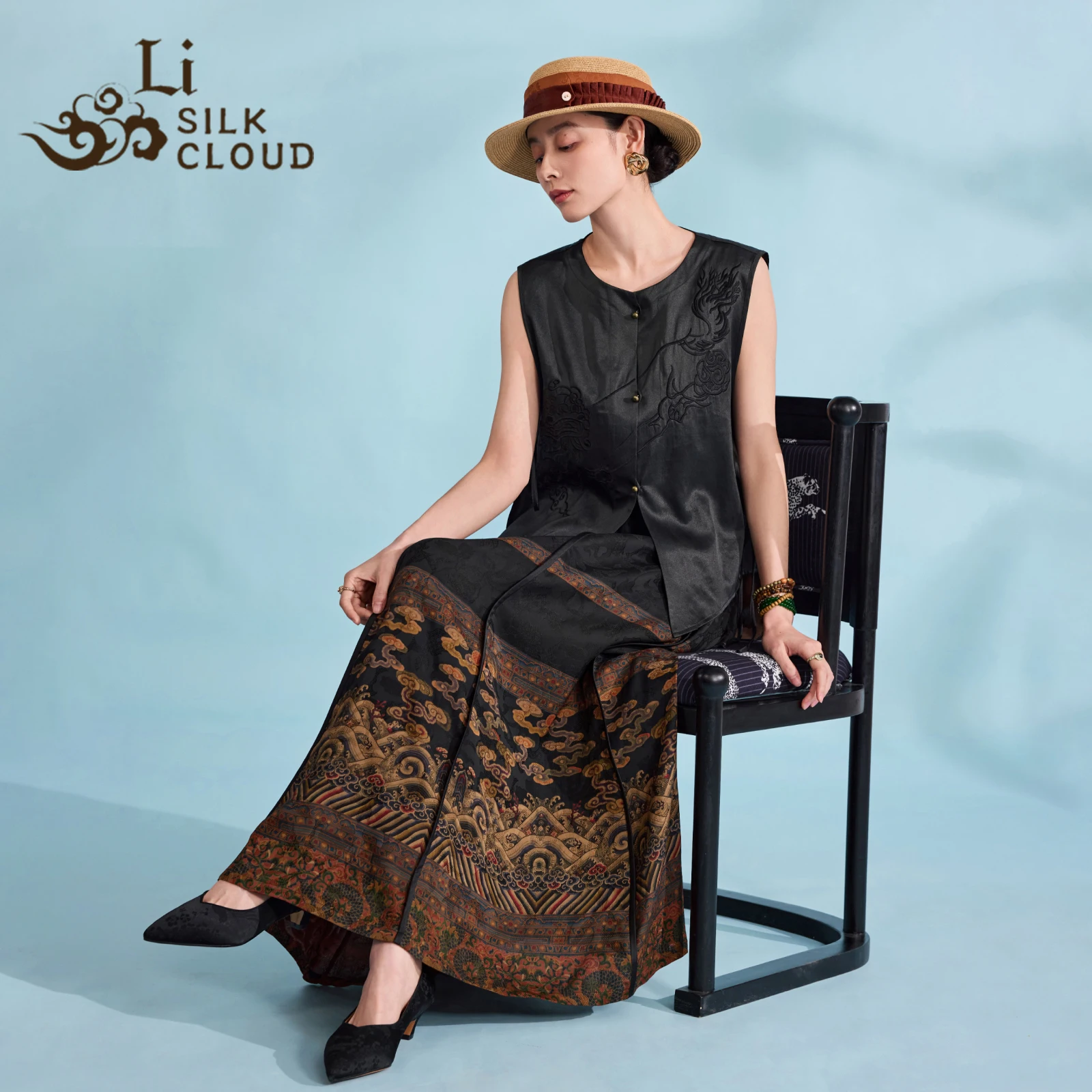 LI SILK CLOUD Black Xiangyunsha Chinese Style Vest - Chinese Traditional Embroidery, Adjustable Tie Waist, Sleeveless