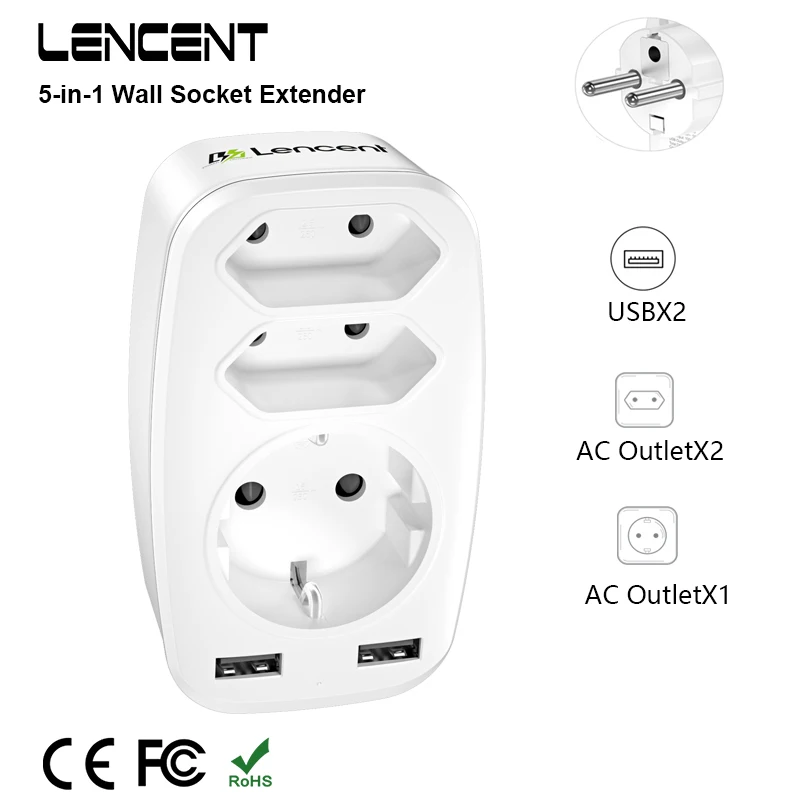 LENCENT EU Plug Multi gniazdo ścienne z 3 portami USB 2 wtyczki Schuko 1 wtyczka EU 5V 2.4A Adapter zabezpieczenie przed przeciążeniem dla domu/biura