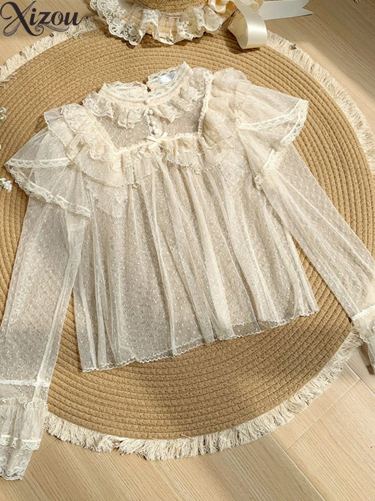 Hauts à manches longues pour femmes, chemise intérieure en dentelle, légère et confortable, chemises Lolita décontractées, chemisier élégant pour femmes, printemps été