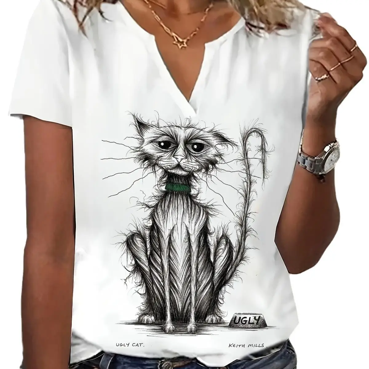 تي شيرت نسائي ort Sve مطبوع عليه مزيج قطن بوليستر مريح مناسب للصيف Faion Basic Crew Ne Top