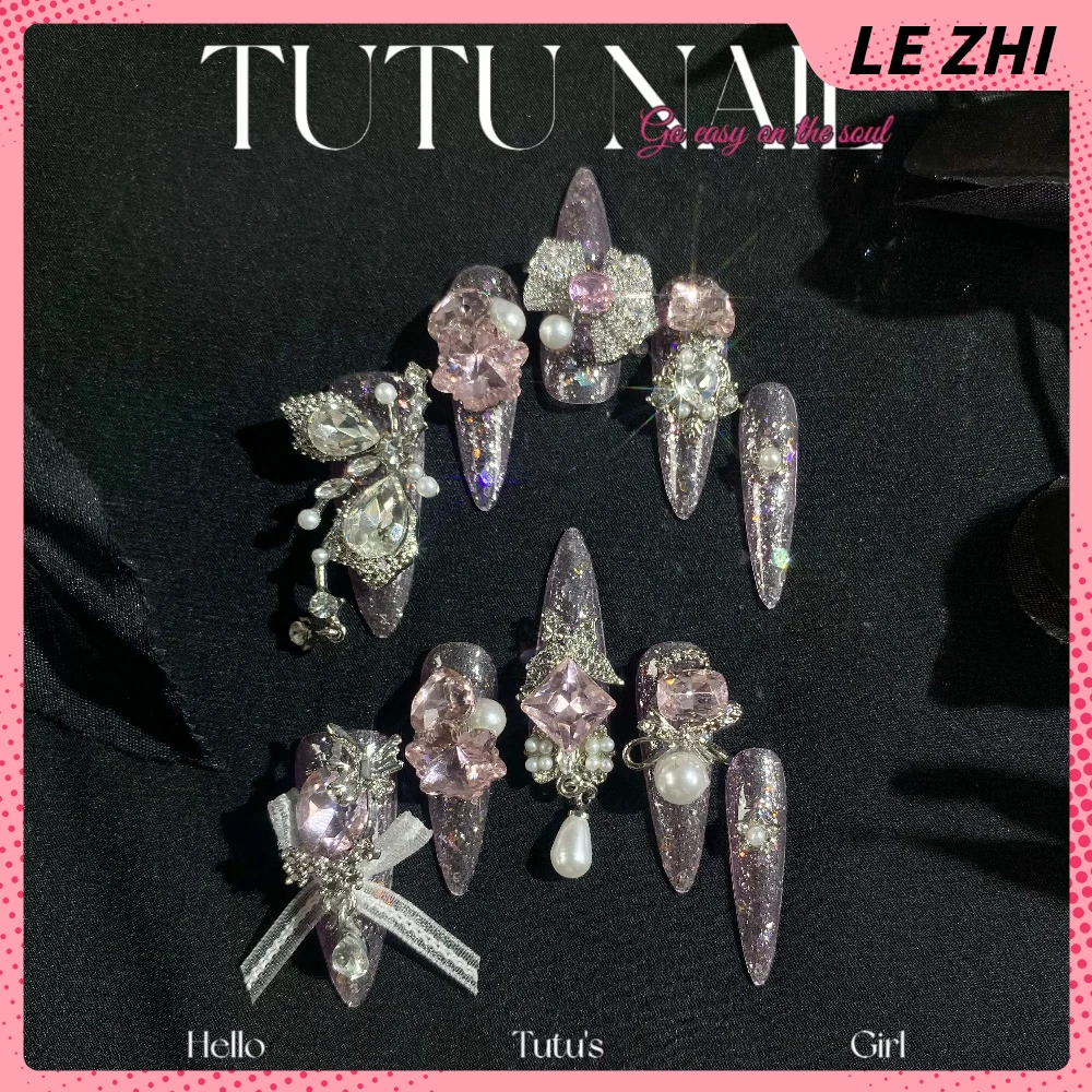 Kuku ulang tahun pernikahan mata kucing mutiara berlian High-End mewah atas kuku tekan buatan tangan Stiletto peti mati panjang renda 3D