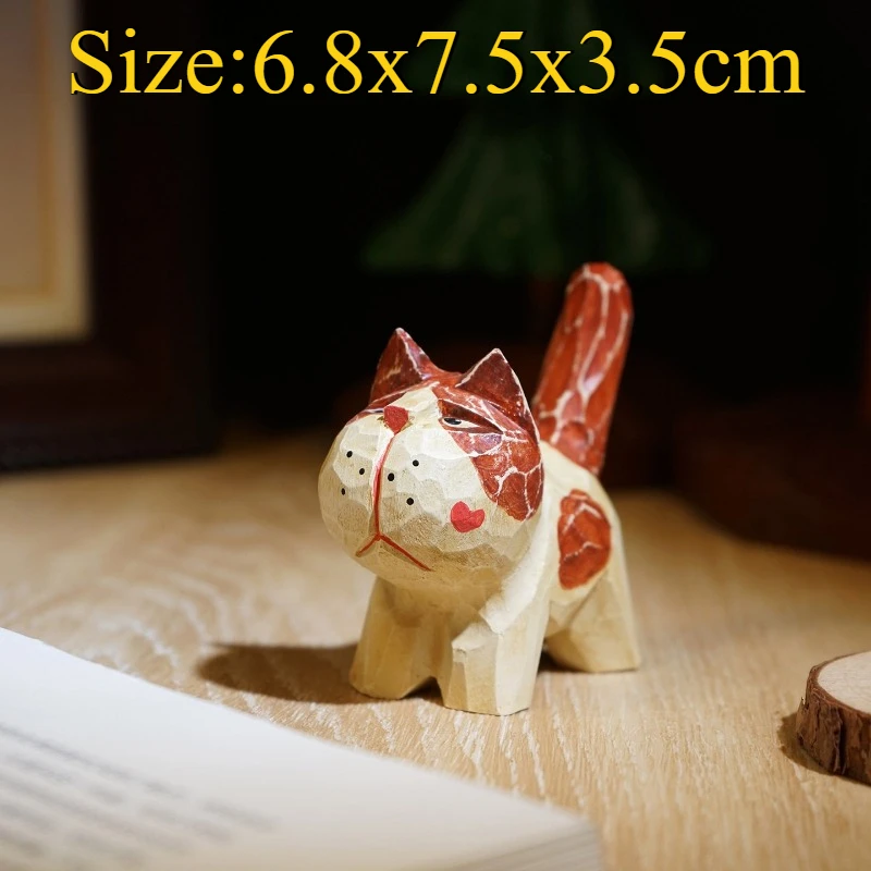 Handmade Wood Carving Retro Heart Lip Print Cat Figurine, Cute Healing Animal Ornament, Living Room TV Cabinet Home Decoration