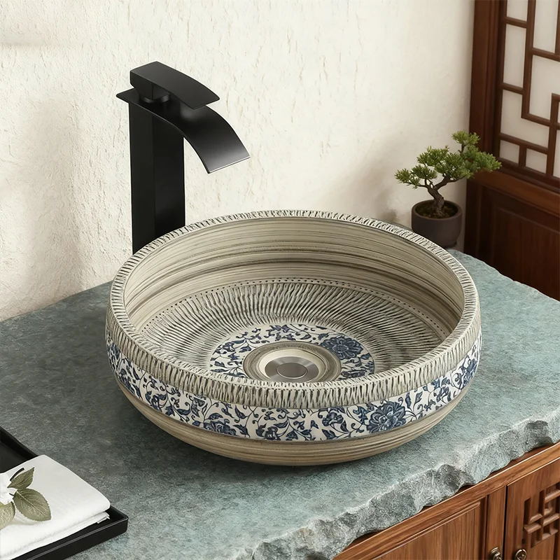 

Элегантная керамическая раковина, круглая керамическая раковина с рисунком - идеально подходит для современной ванной комнаты, подходит для гардеробных, туалетных столиков и ванных комнат