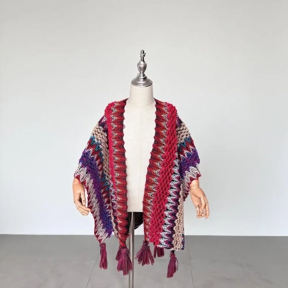 

Fashion Winter Warm Kids' Mongolian Poncho Striped Artificial Wool Knitting Wraps Ethnic Style Coat Overlays For Children