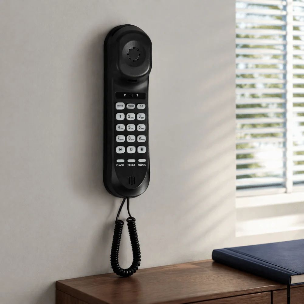 Large Buttons Corded Landline Phone HD Sound Black Color Corded Desktop Phone Flash Mute Redial Wall Mountable Design