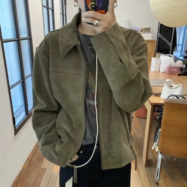 

Мягкая замшевая куртка в стиле ретро с воротником на молнии, свободная посадка, универсальная утягивающая женская верхняя одежда для осеннего сезона, повседневная одежда