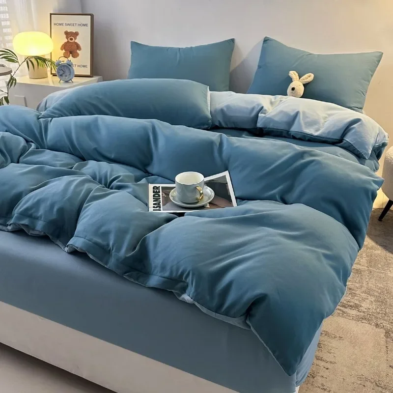 

2025 new skin-friendly and comfortable washed cotton simple striped plaid color four-piece set, bed sheet kit