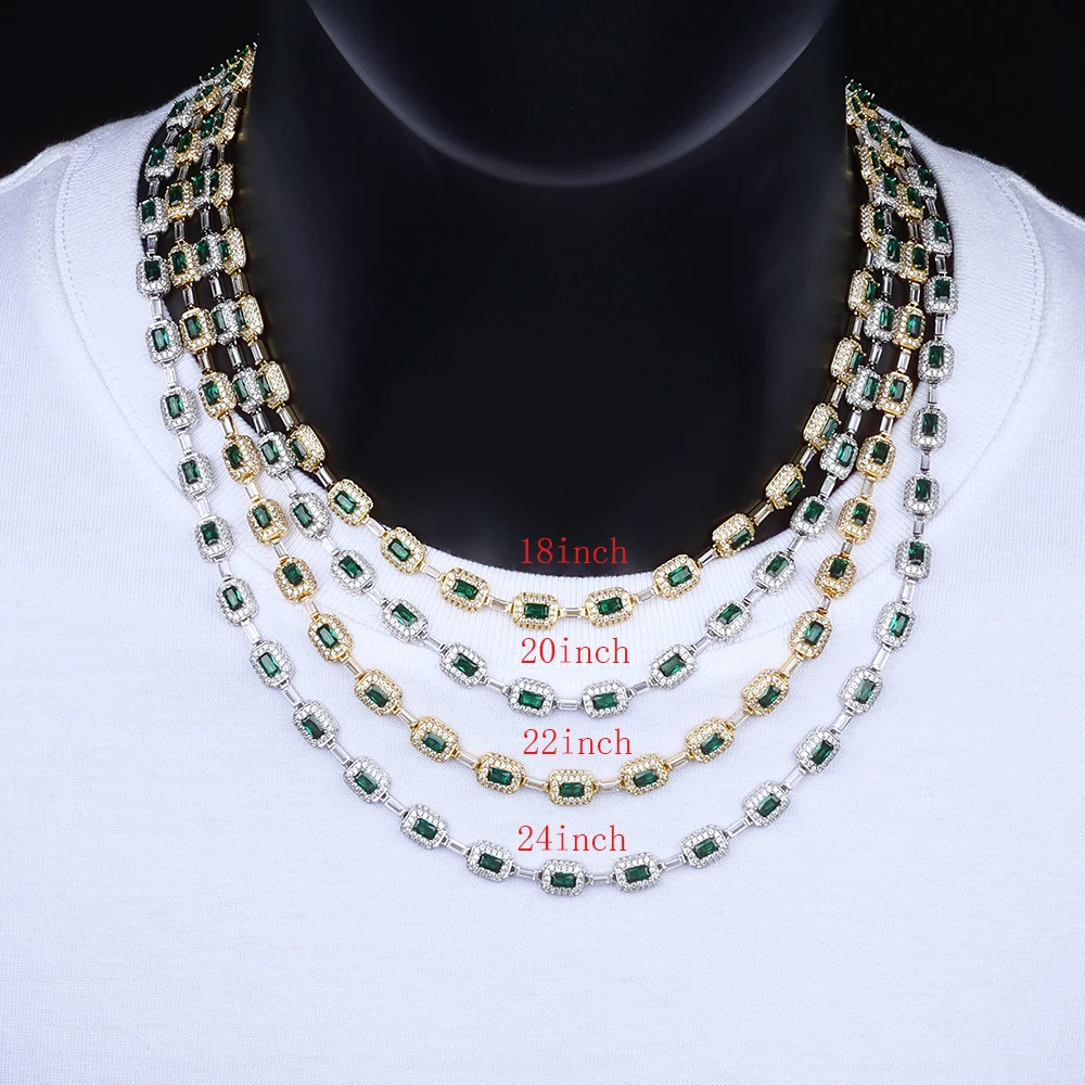 

Hiphop Fashion Jewelry 7mm Sparkling White Gold Plated Green Baguette Diamond Chain Bracelet Brass Zircon Emerald Bracelet