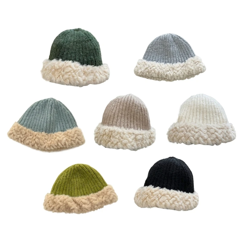 

Knitted Beanie Hat for Women Soft Thicken Plush Hat Crochet Color Contrast Cap Fashion Female Winter Hat Warm Headwear