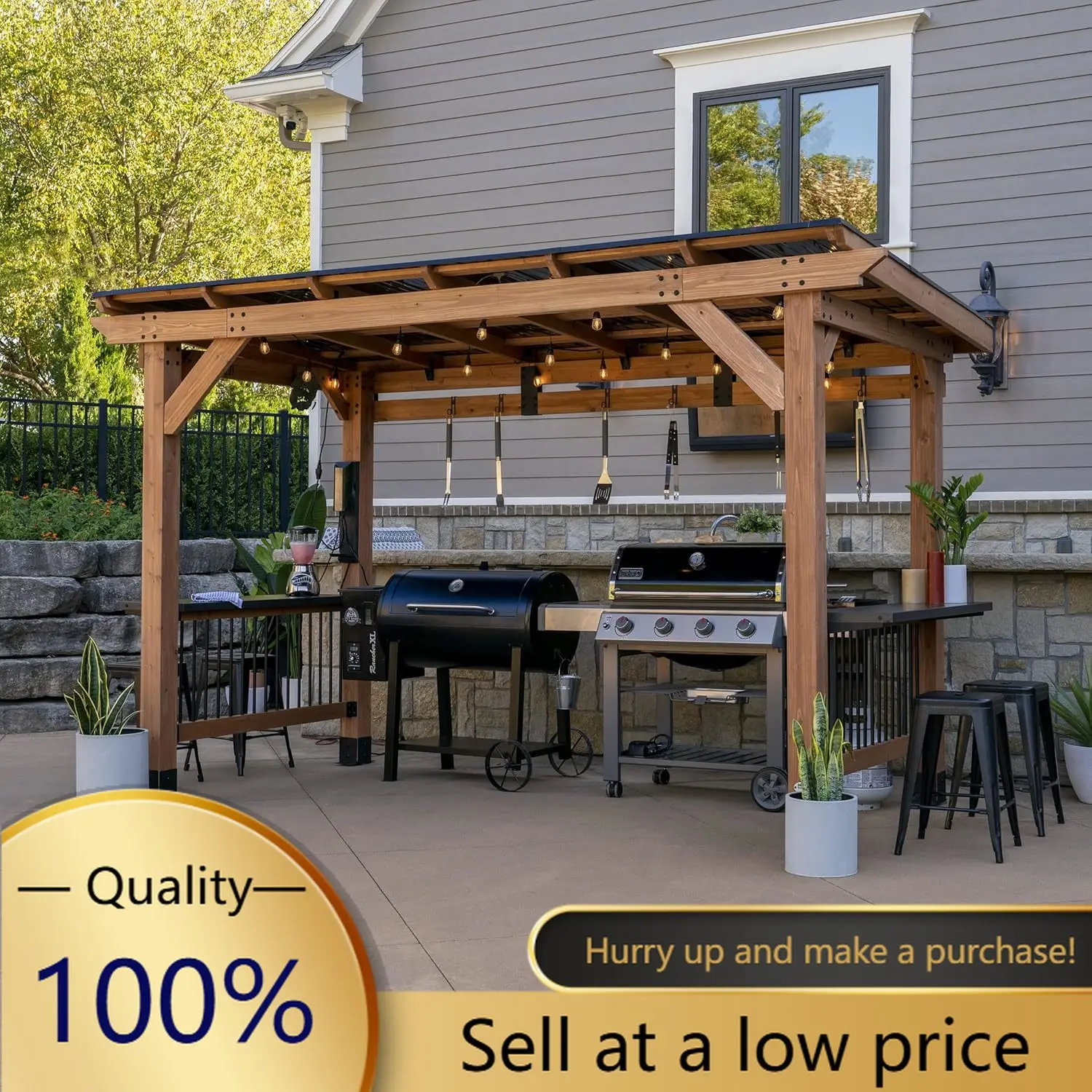 Saxony XL 12' x 6' Cedar Wood BBQ Grill Gazebo Pavilion with Hardtop Galvanized Steel Roof, Bar Tops, Powerport, Snow Support, W