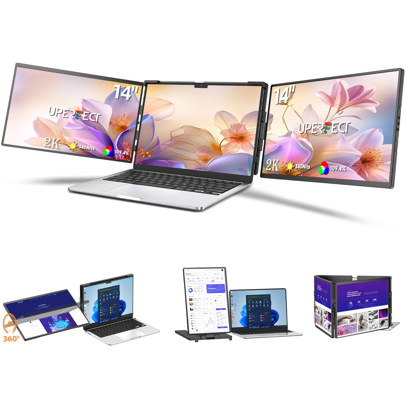 

Портативный тройной монитор UPERFECT 14 дюймов для ноутбука, расширитель экрана 2K IPS для ноутбуков 13-17 дюймов, дорожный дисплей для Mac