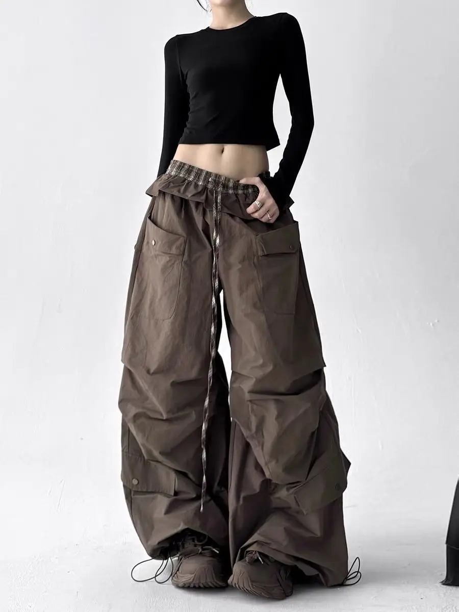 [Quick-drying] Retro Spice Girl American Fart Curtain Double Waist Drawstring Casual Pants Loose Pocket Overalls Wide Leg Pants