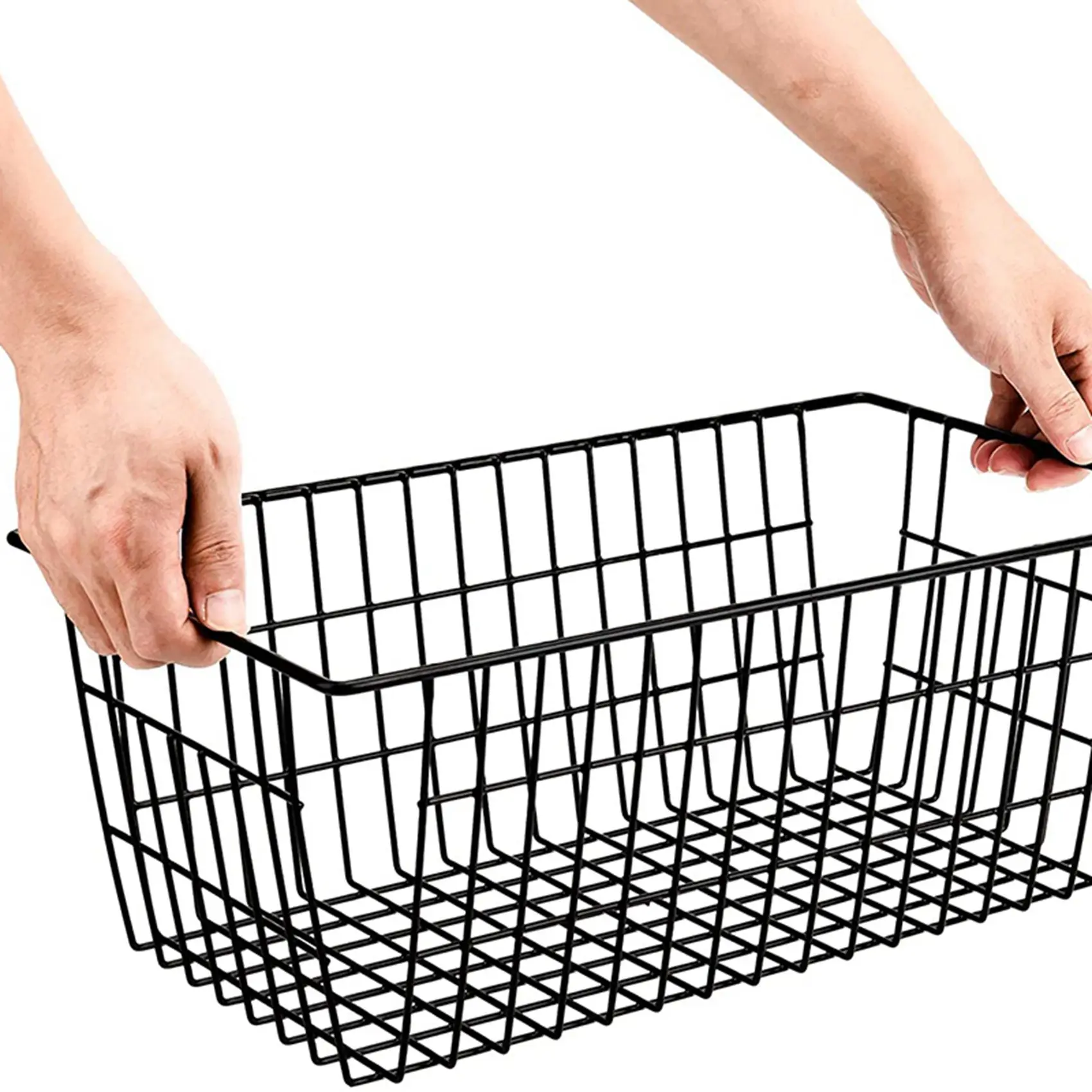 AT02-4 Pack Wire Storage Baskets, Farmhouse Metal Wire Basket Freezer Storage Organizer Bins With Handles(Black)