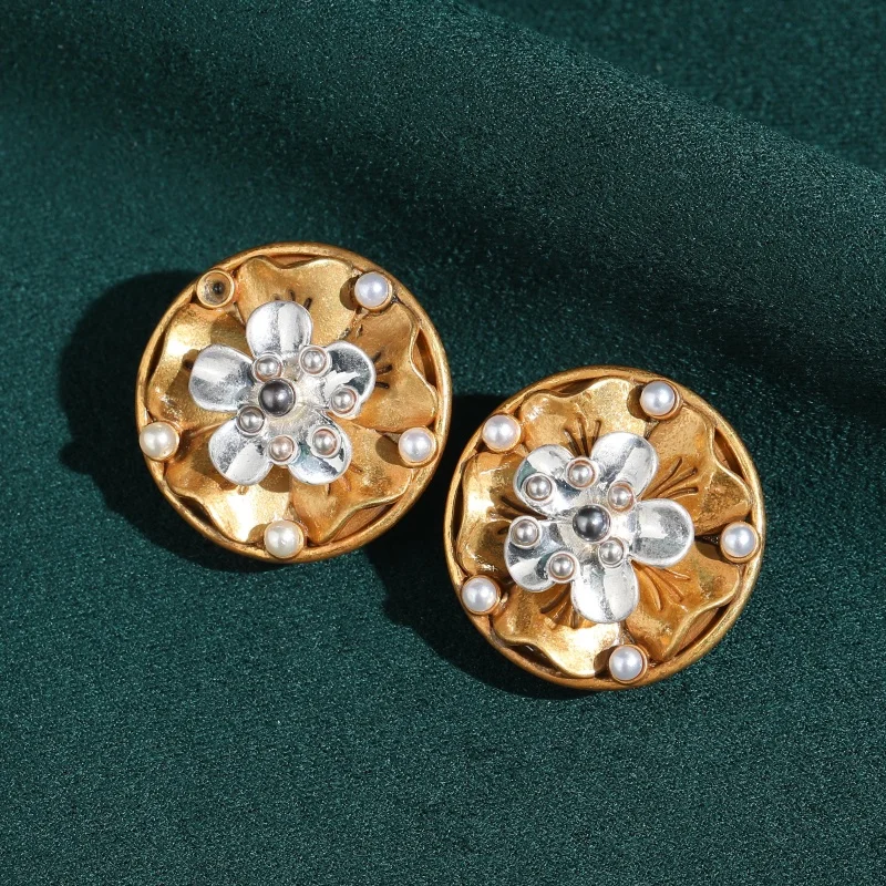 

Vintage Pearl Gold Color Silver-Plated Round Earrings For Woman Brand Trendy Wedding Jewelry Anniversary High Quality Gift