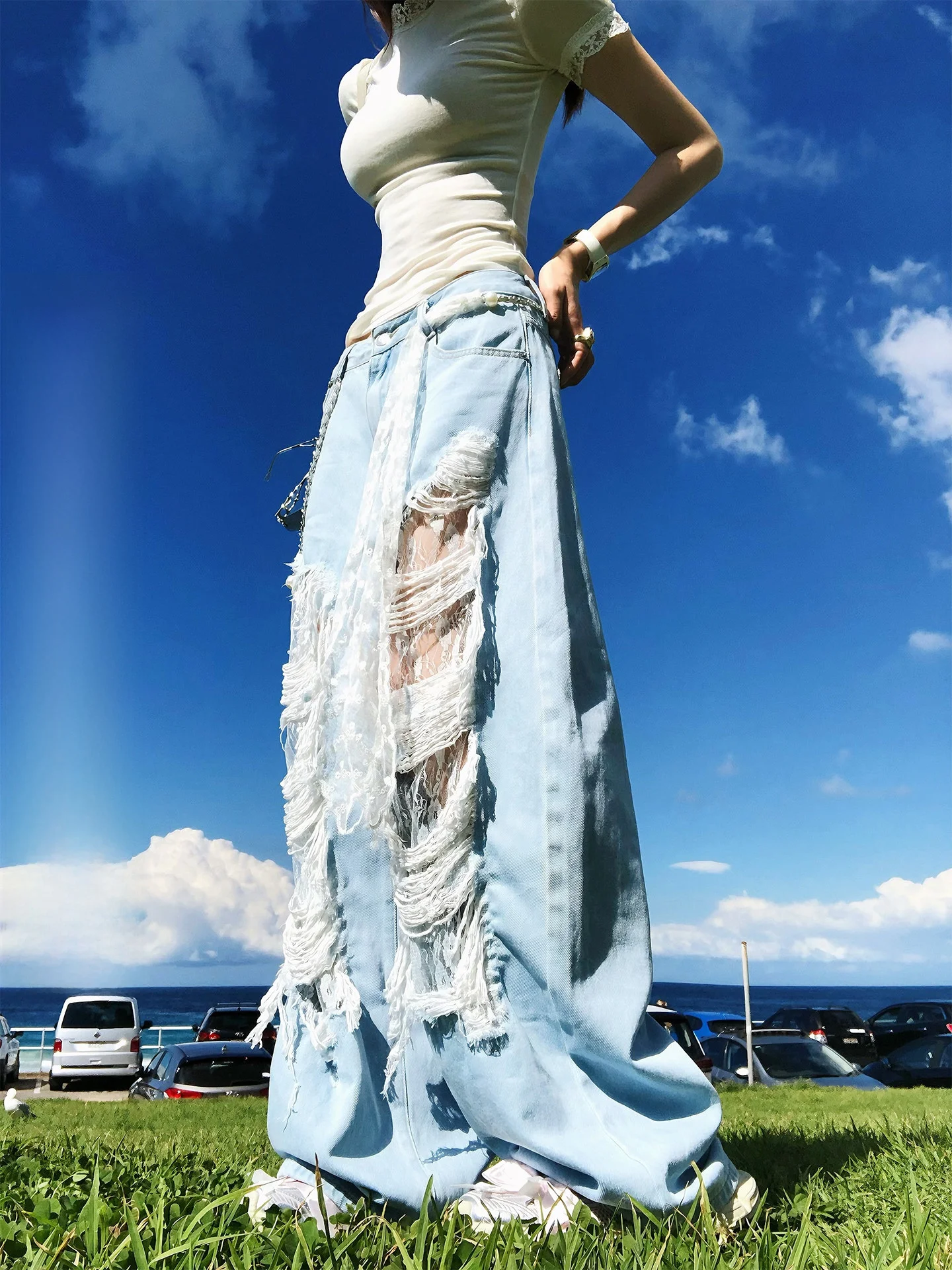 

Original Lace Denim Pants New Style "662 Cotton 338 " Hole Denim Pants High Waist Wide Leg Casual Summer Ladies Jeans