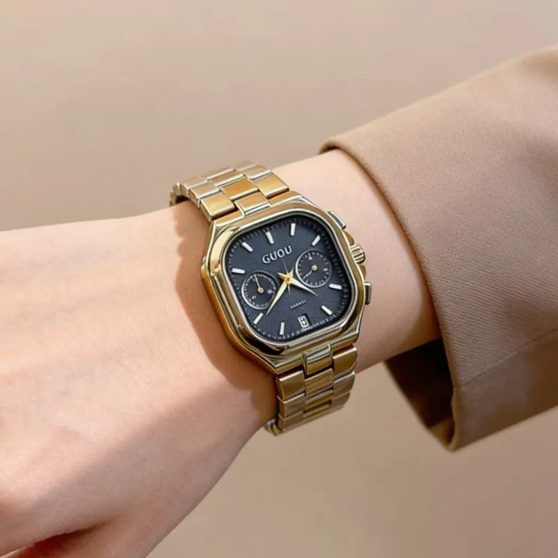 

Новые женские часы 2026 года с большим циферблатом, квадратным корпусом, повседневным ремешком из нержавеющей стали, модные кварцевые наручные часы для женщин.