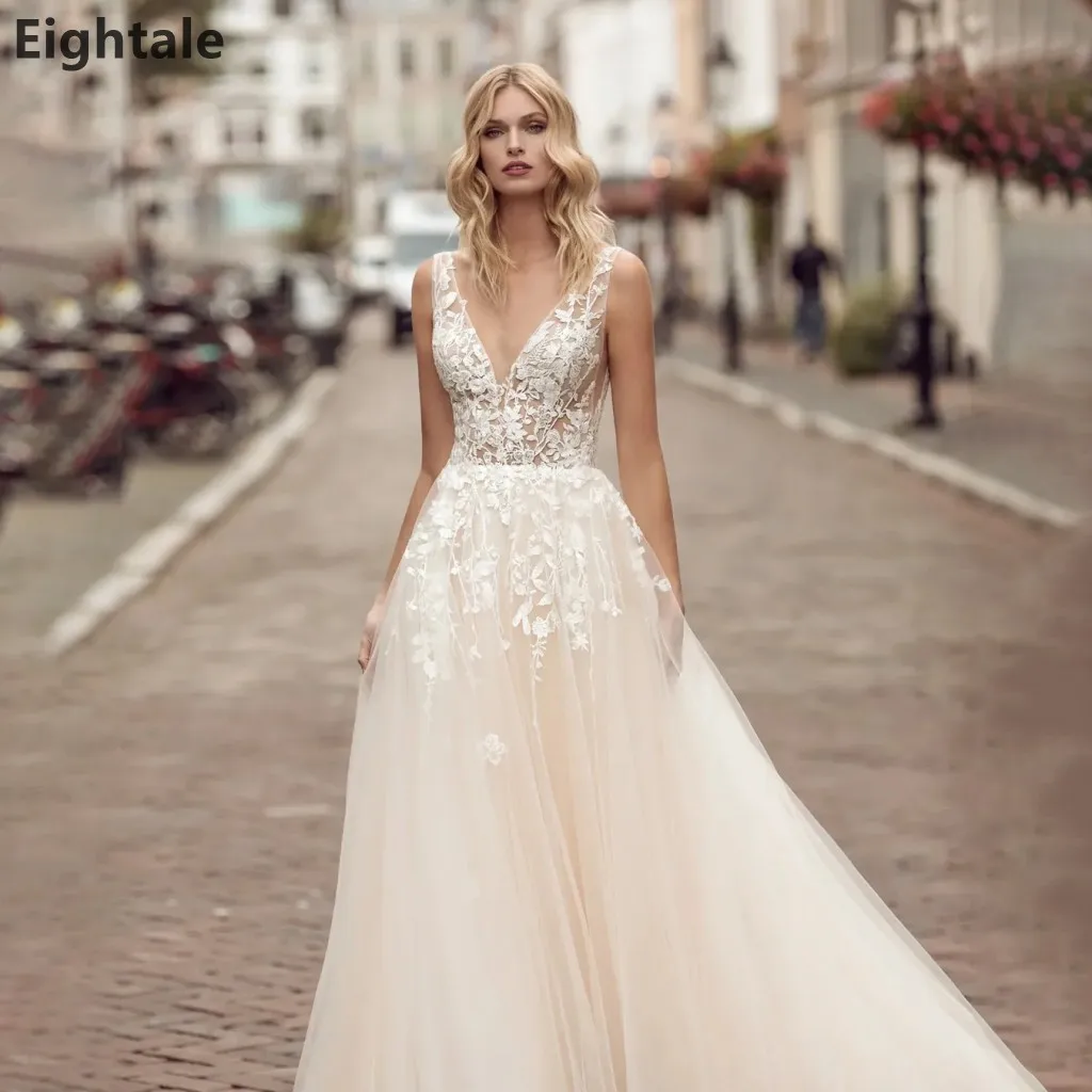 Eightale عاجي تول رقبة على شكل V ذيل محكمة فساتين زفاف 2025 زي العرائس زينة دانتيل رداء De Mariage مخصص