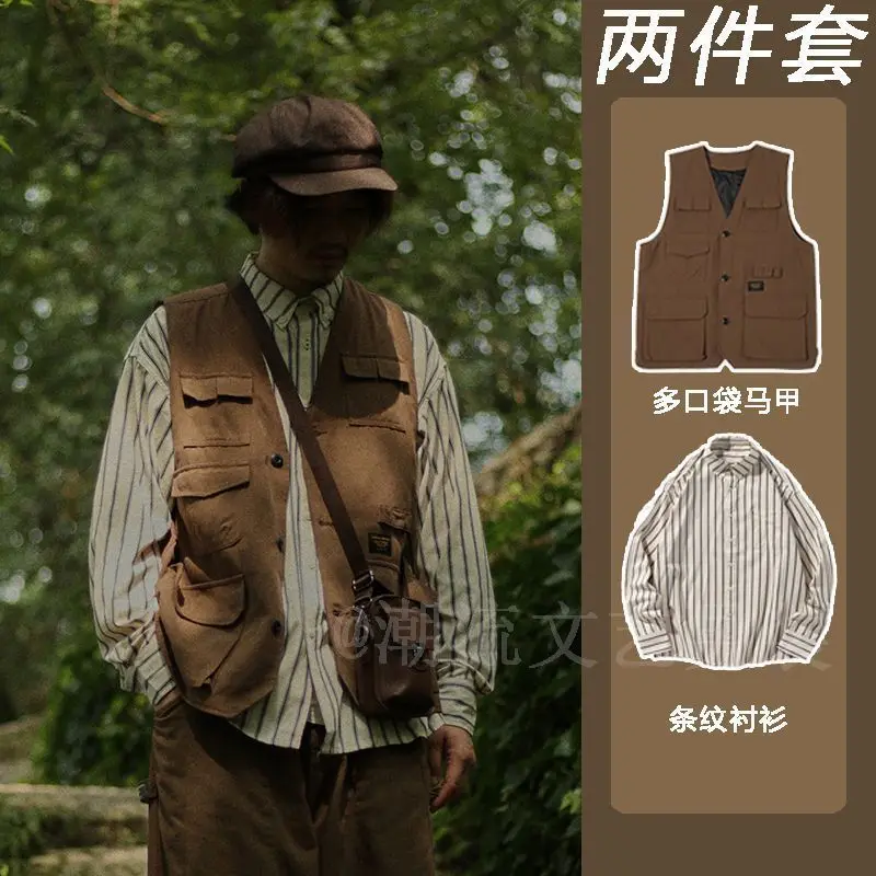 Gilet multitasche da 3 pezzi per uomo Abbigliamento da lavoro a strati Set di camicie a righe alla moda casual Set di gilet da uomo