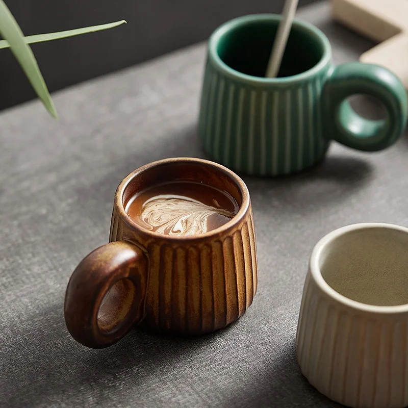 250ml Nordic Handmade Cup Ring Handle Ceramic Mugs Retro Rough Pottery Coffee Cup Water Tea Cup Pull Flower Latte Breakfast Cups