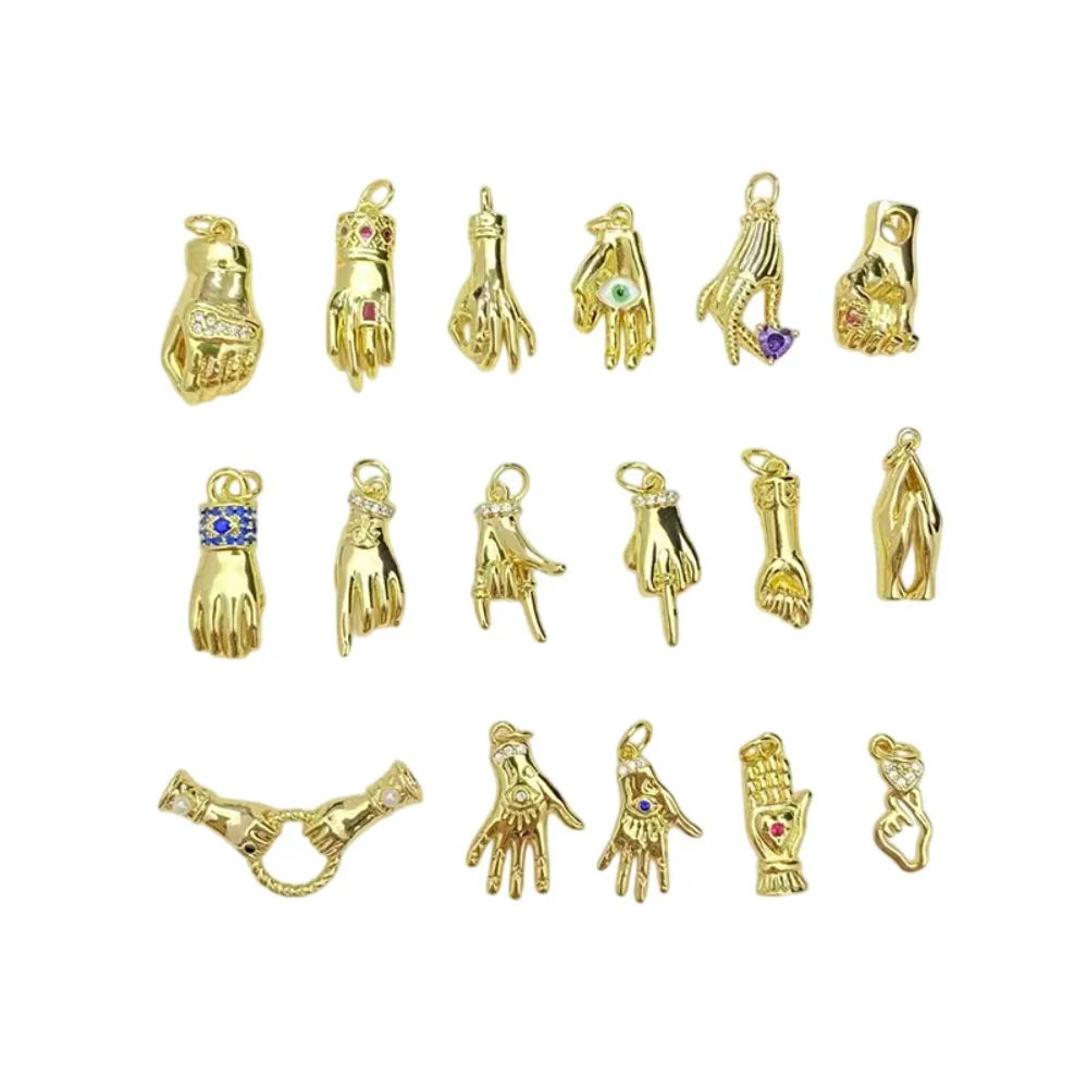 4 Pcs Copper Plated Palm Pendant for Diy Bracelet Necklace Jewelry Making Gesture Eye Fist Heart Micro Inlay Zircon Accessories