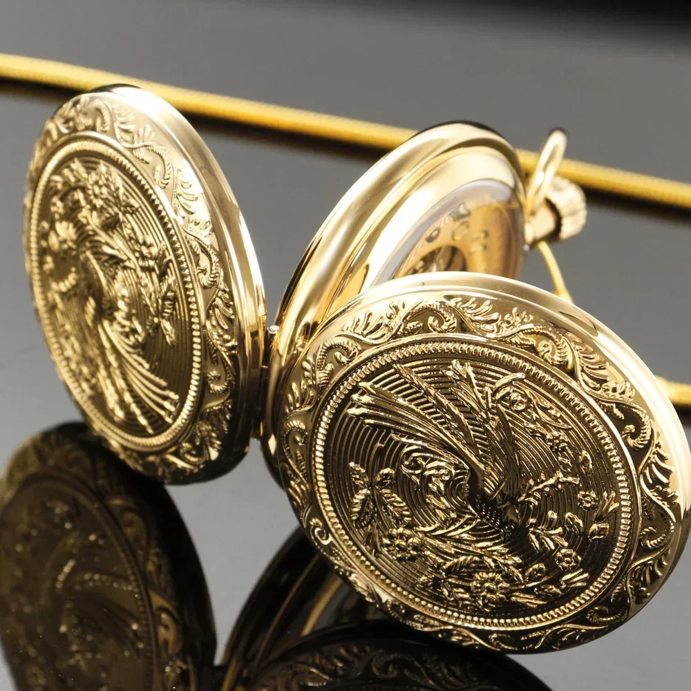 エレガントなチャーム鳥の花のデザインゴールデン純銅機械式自動巻き懐中時計メンズアンティークスタイルギフト時計男性