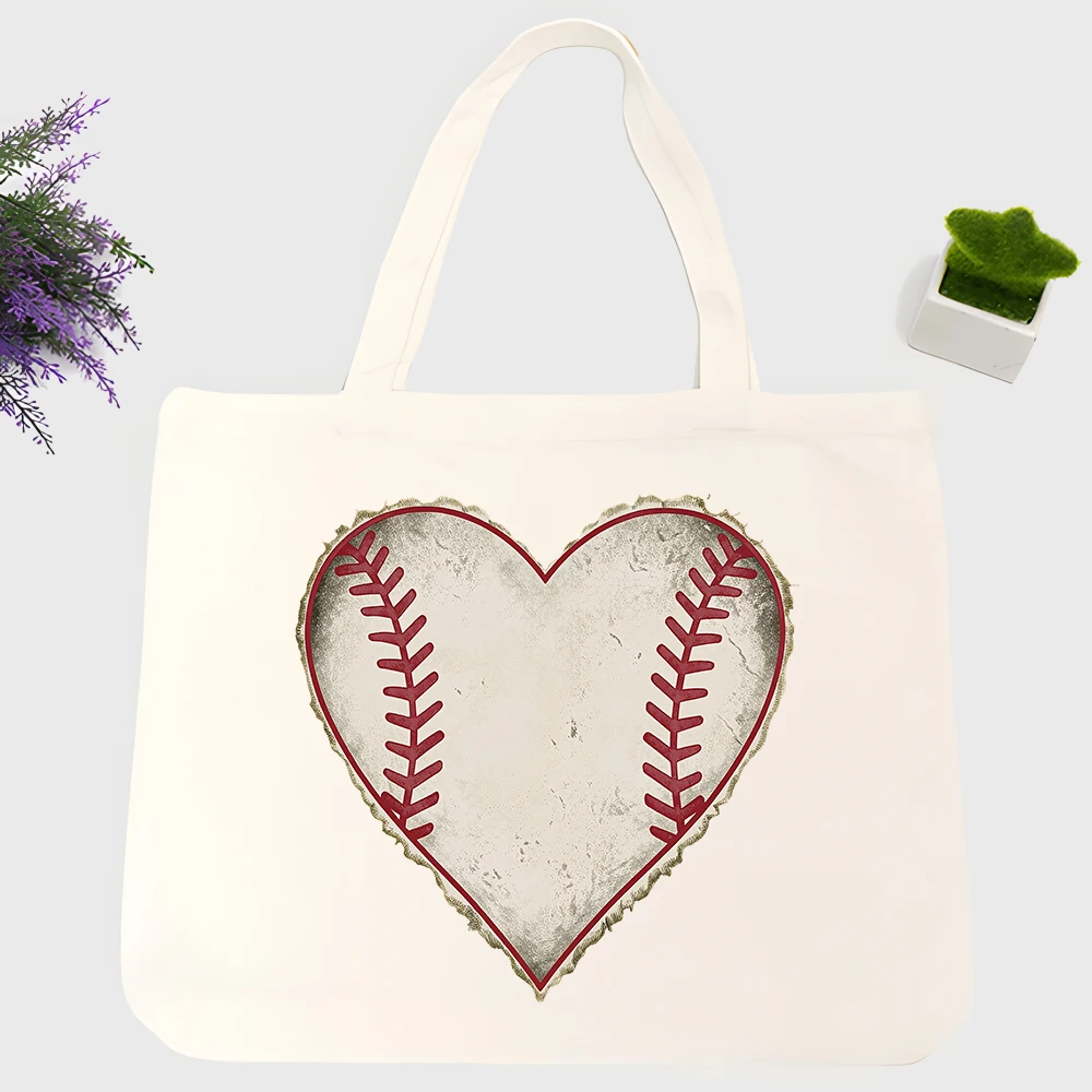 Men's baseball stitch heart print canvas tote bag, vintage style for daily shopping and casual outings