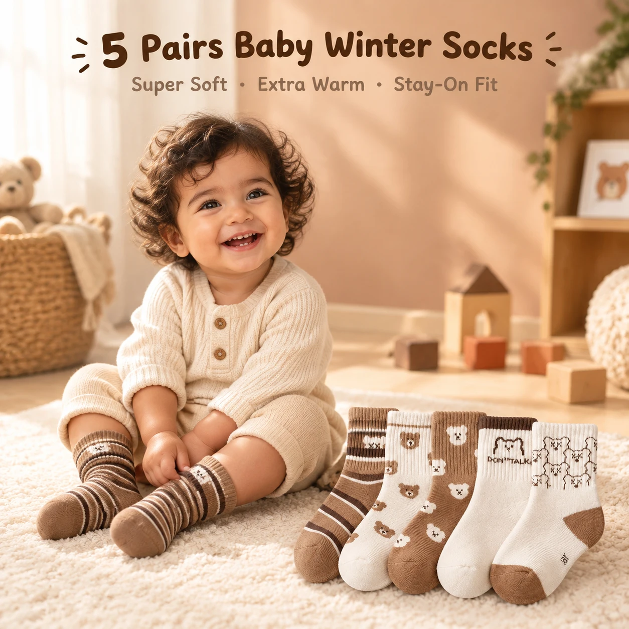 5 Pairs Baby Winter Terry Socks Cute Bear Mid Calf Socks Thick Warm Seamless Toe Elastic Anti-drop Cuff Toddler Socks Boys Girls