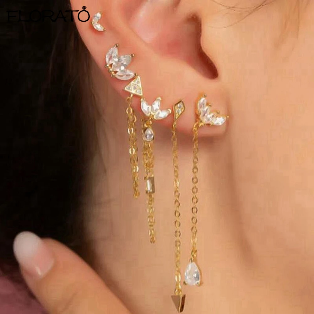 

925 Silver Sterling Needle Fashion Metal Chain Long Tassel Pendant Earrings for Women Fashion Jewelry Gold Color Stud Earrings
