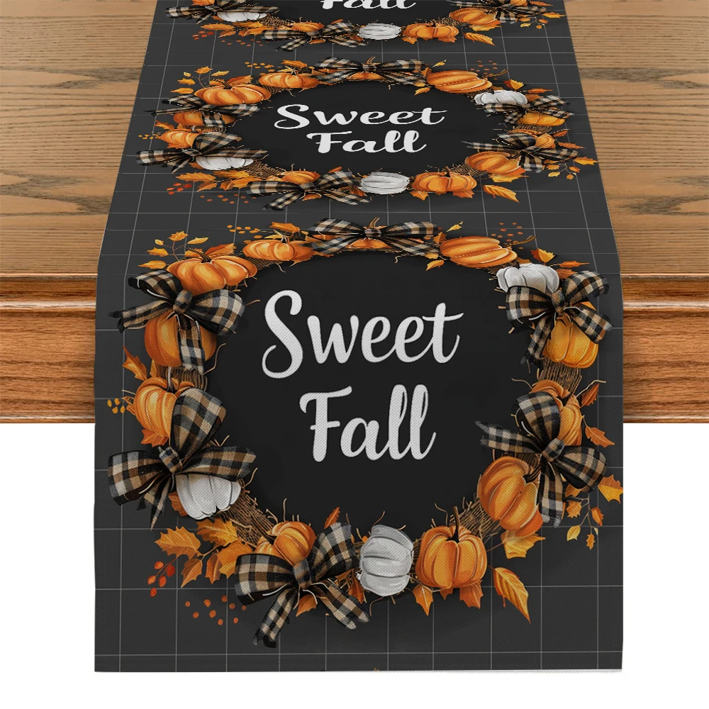 

Pumpkin Bow Leaves Autumn Text Table Runners Kitchen Table Decoration Washable Dining Table Runner Wedding Party Decorations