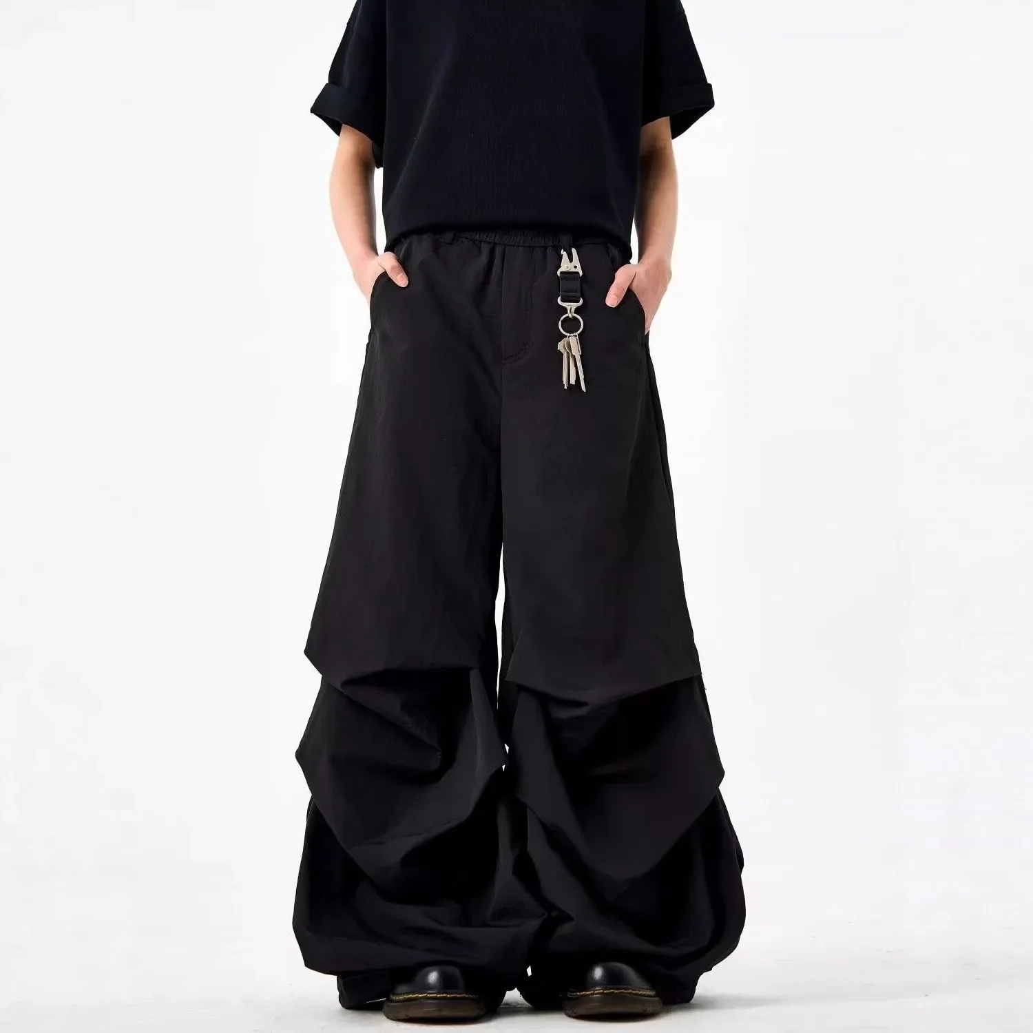 العصرية الأسود مطوية المظلي السراويل فضفاضة سريعة الجافة عارضة السراويل للرجال والنساء الصيف الأمريكية شارع العليا واسعة الساق Lon #1