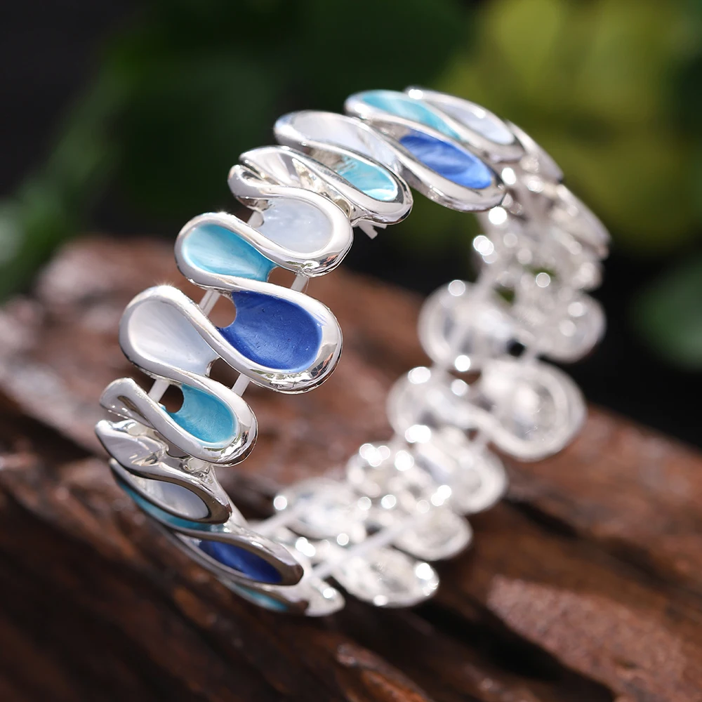 Fashion Drip Oil Geometric Elastic Bracelet for Women Accessories New Trendy Silver Color Bangle Daily Party Prom Jewelry Gifts