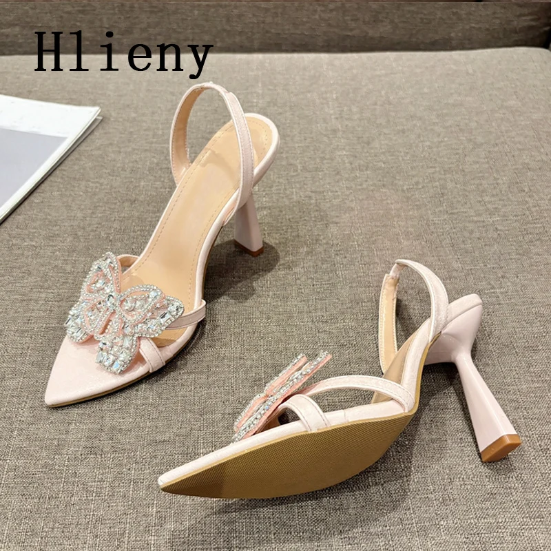 Hlieny Design Style Crystal Butterfly-knot Women Sandals Summer Pointed Toe High Heels Sexy Wedding Party Shoes Rozmiar 35-41