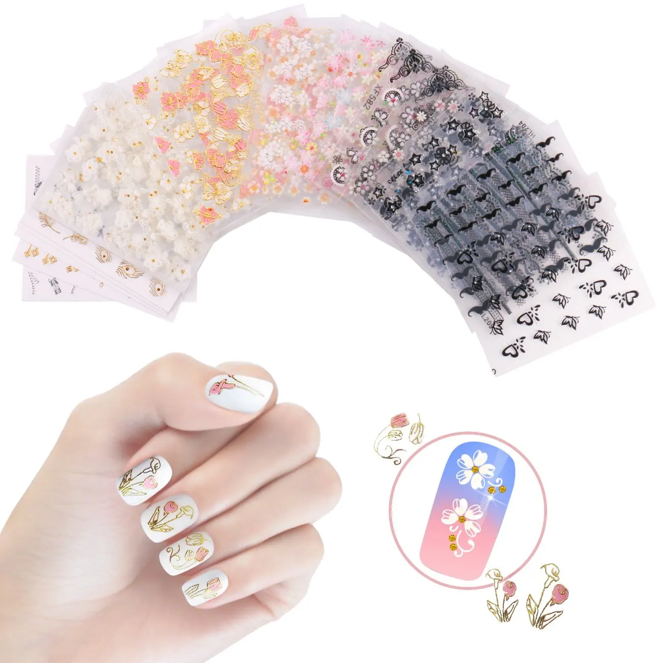 

50Pcs 3D NOT Repeat Flower Stickers，Colorful Flower Nail Art Designs Nail Decoration Decal，Self Adhesive Manicure Sticker Slider