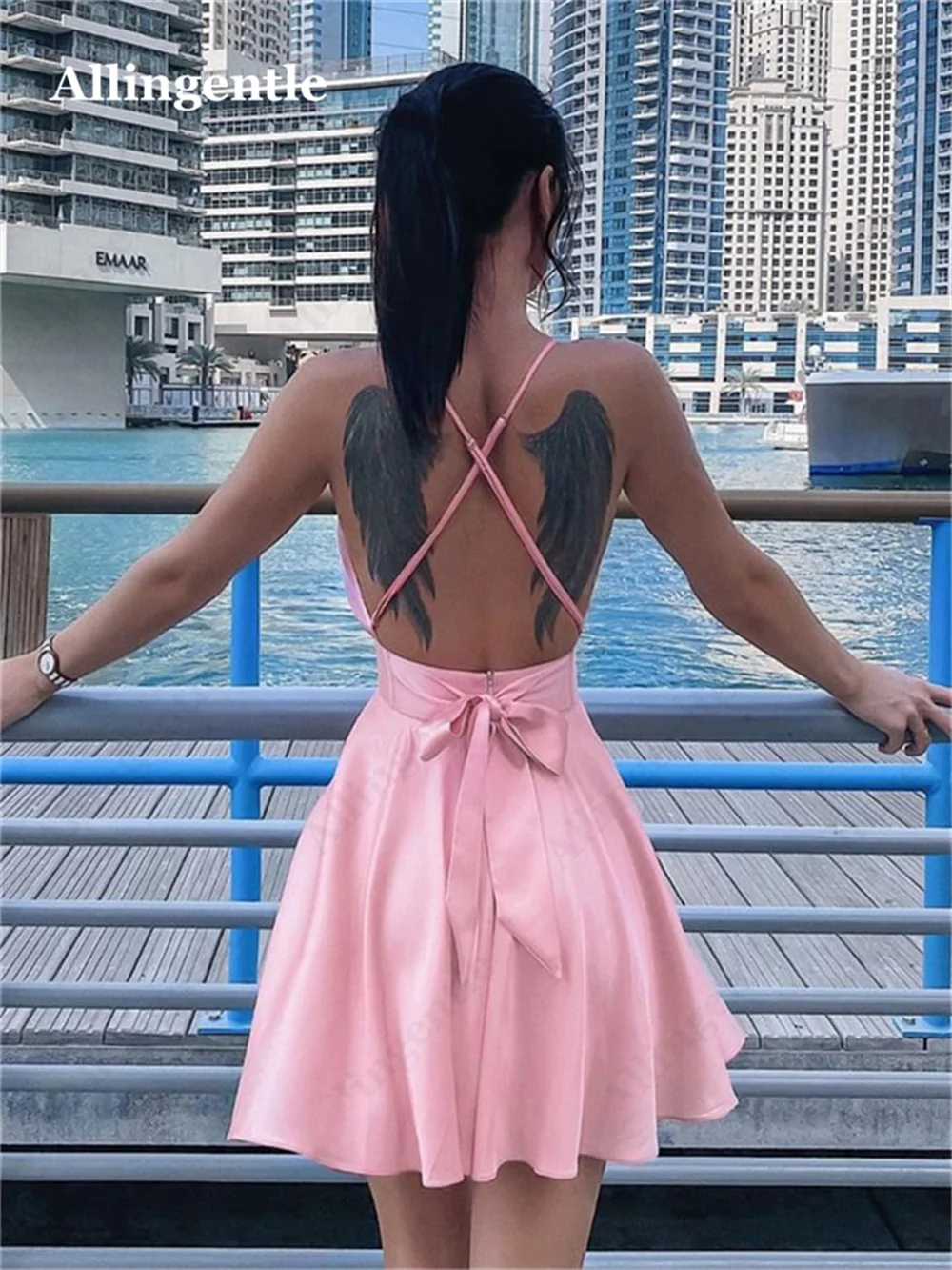 Allingentle Sexy Spaghetti Strap Homecoming Dresses Cross Back Pink Short V-Neck Satin Mini Cocktail Party Prom Gown Customized