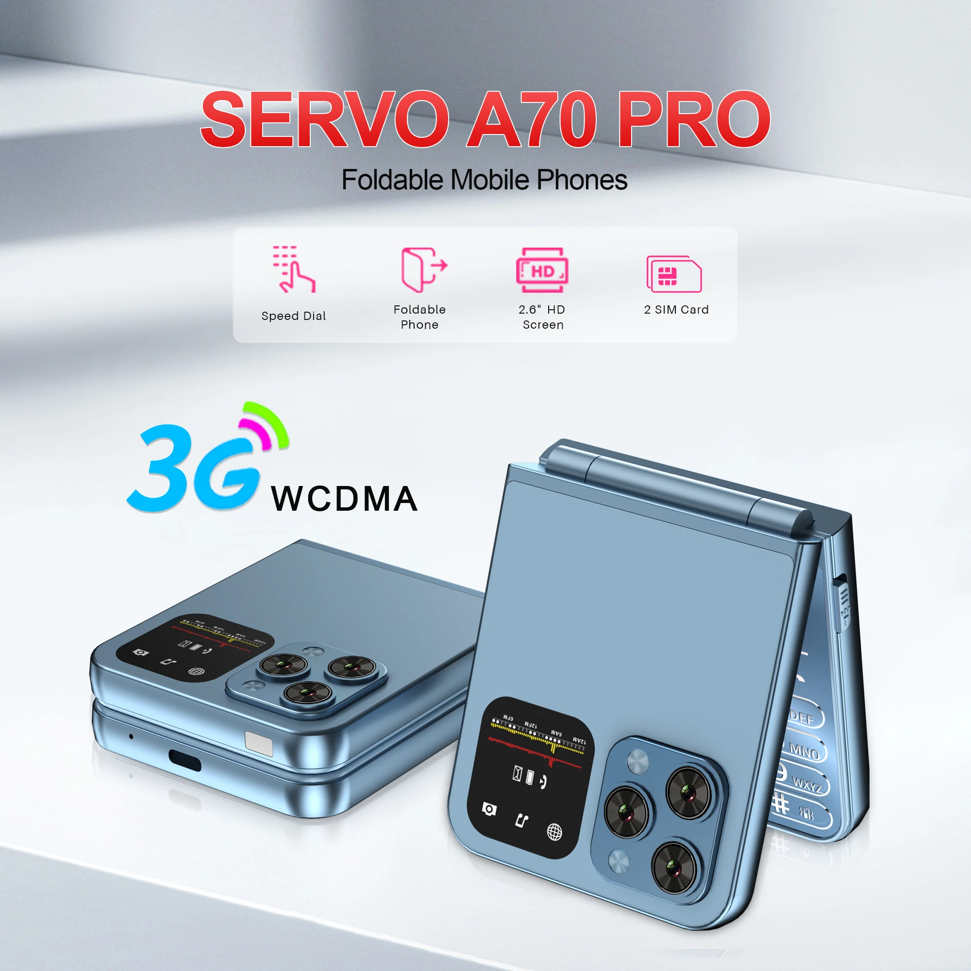 เซอร์โว A70โปรซิมโทรศัพท์มือถือแบบฝาพับคู่3G + 2G เครือข่าย FM วิทยุสั่นสะเทือนเครื่องบันทึกการโทร2.6 \