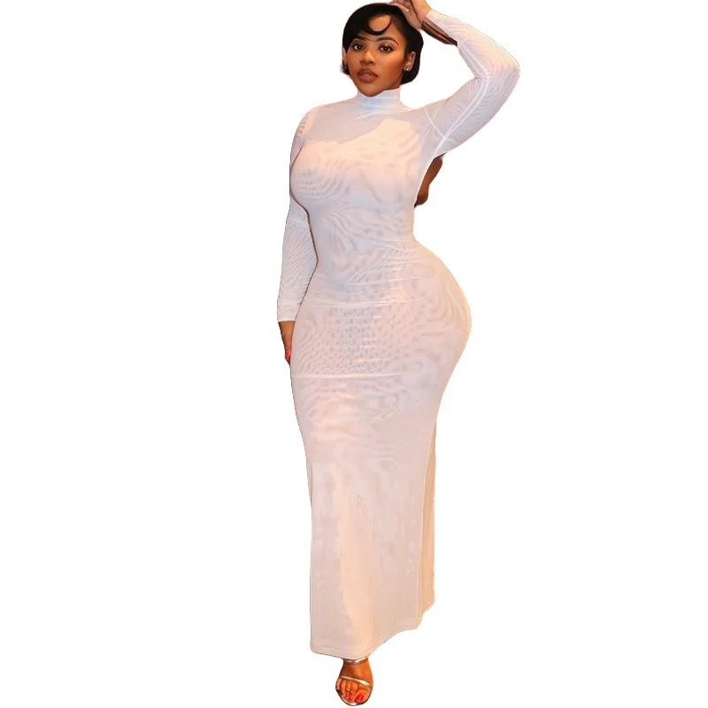 

Women's Stand Collar Long Sleeve Lace-up & Backless Long Dress, Hips Wrapped, Gauze Spliced, Solid Color, Sexy
