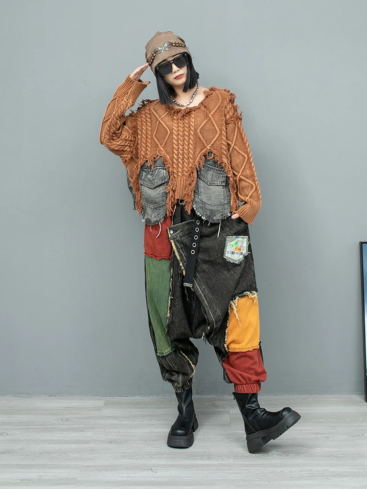 Fried Dough Twists Wool Splicing Denim Sweater + Big Crotch Pants Two-piece Women 2024 Autumn Cool Pant Set LX2342