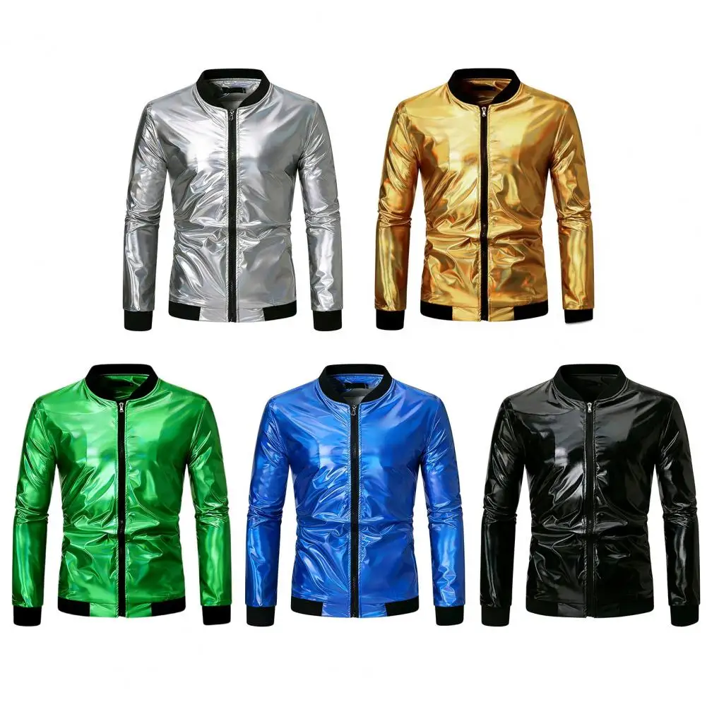Silver Men Long Sleeve Jacket Round Neck Zipper Coat Suitable For Casual Tops Stage Performance Jacket Stamping Shiny Outerwear