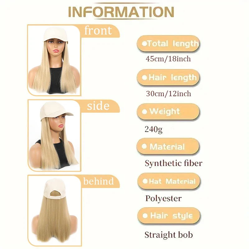 Off white duckbill cap, long straight wig synthetic wig for women easy to wear adjustable size for daily use