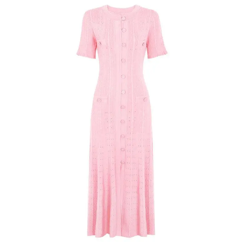 

Elegant Knitted Long Dress Short Sleeve Slimming Midi Dress for Women Citywalk Summer 2025 Fashion High Waist Skirt Style