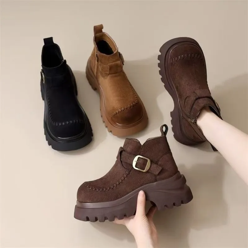 Autumn Women Retro Suede Chunky Platform Ankle Boots ,Buckle Strap Side Zipper Hand‑Stitched Vintage Casual Short Booties