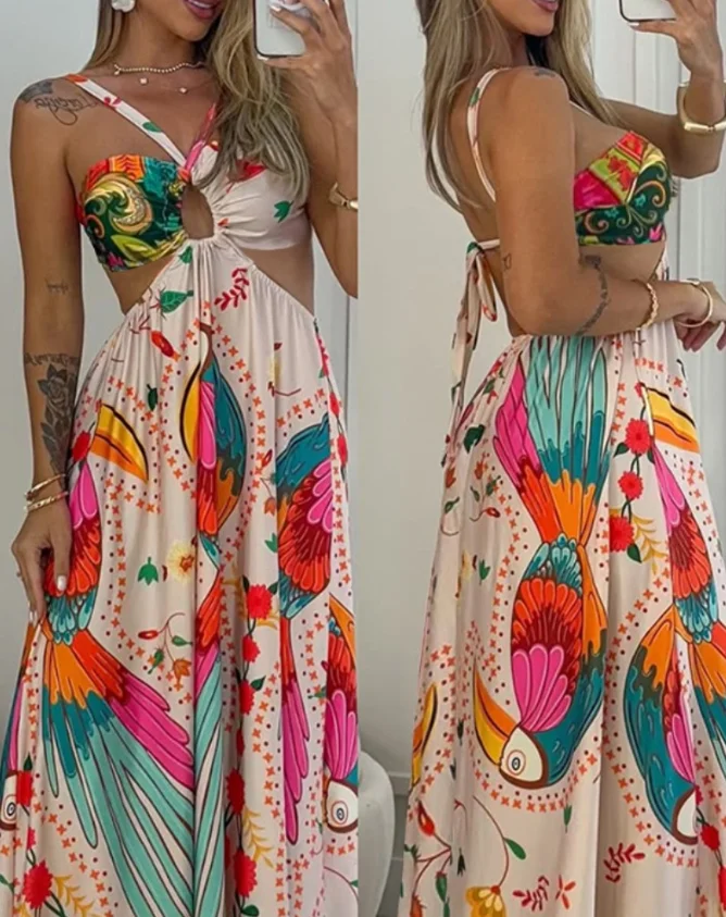 Jurken Dames Zomer 2025, Trend Tropische bloemenprint Maxi-jurk met uitgehold detail, roepingjurk