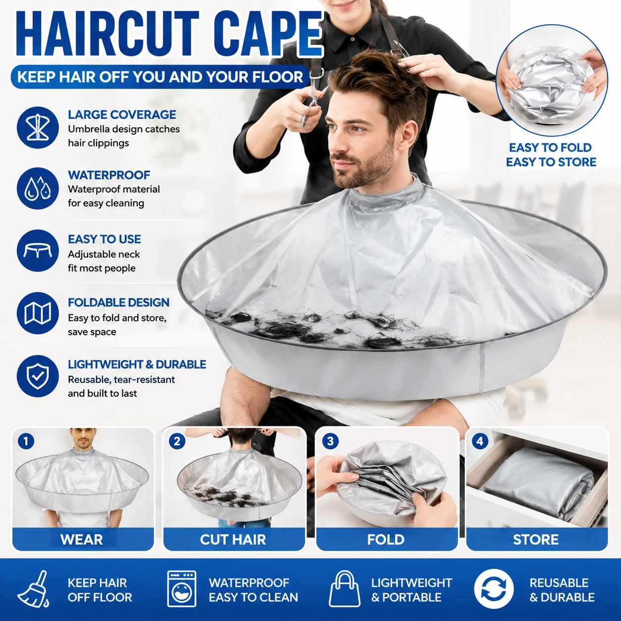 Cape de coiffure réutilisable imperméable type parapluie pour la coupe et la coloration des cheveux, attrape-mèches