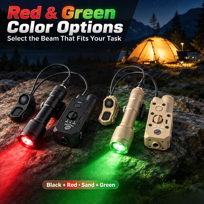 Outdoor Night Dual Color Beam Light, Green Red Beam, Remote Switch, Focused Light, Adjustable Bracket for Camping