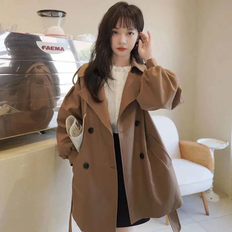 

Vintage Brown Short Trench Jacket Women Korean Fashion High Street Double-Breasted Windbreaker Autumn Winter Waistband Outwear