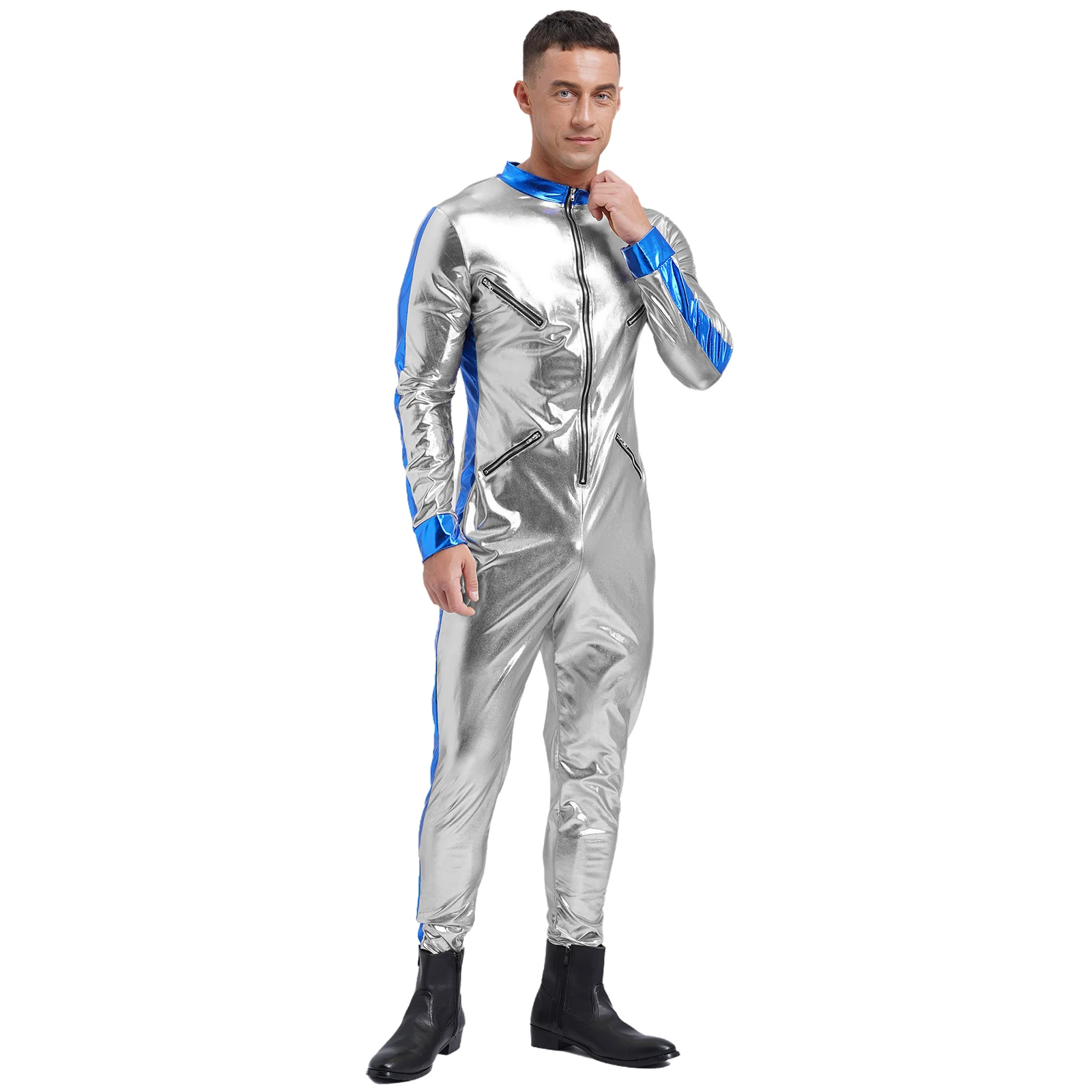 Męskie kostiumy astronautów galaktyk na Halloween imprezowy kosmonauta cosplayowy kombinezon z metalicznym błyszczącym zamkiem błyskawicznym Unitard