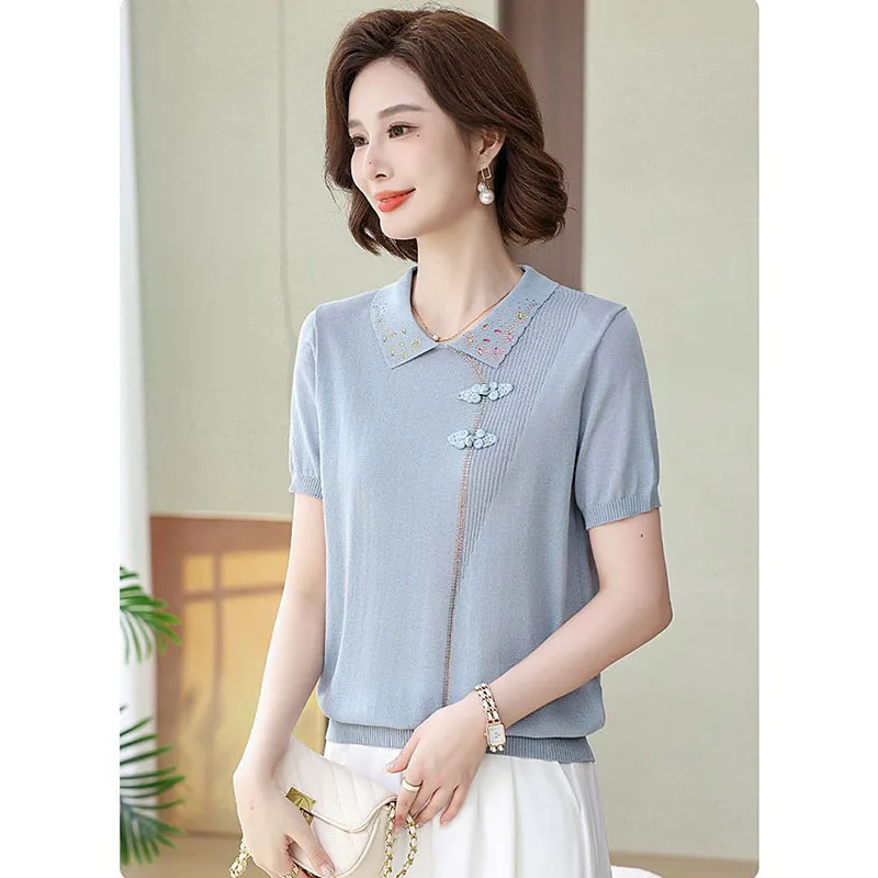 Spring Summer New Ladies Chinese Explosion Short-Sleeved Fashion Knitted Shirt Lapel Loose Short-Sleeved Solid Color Simple Top