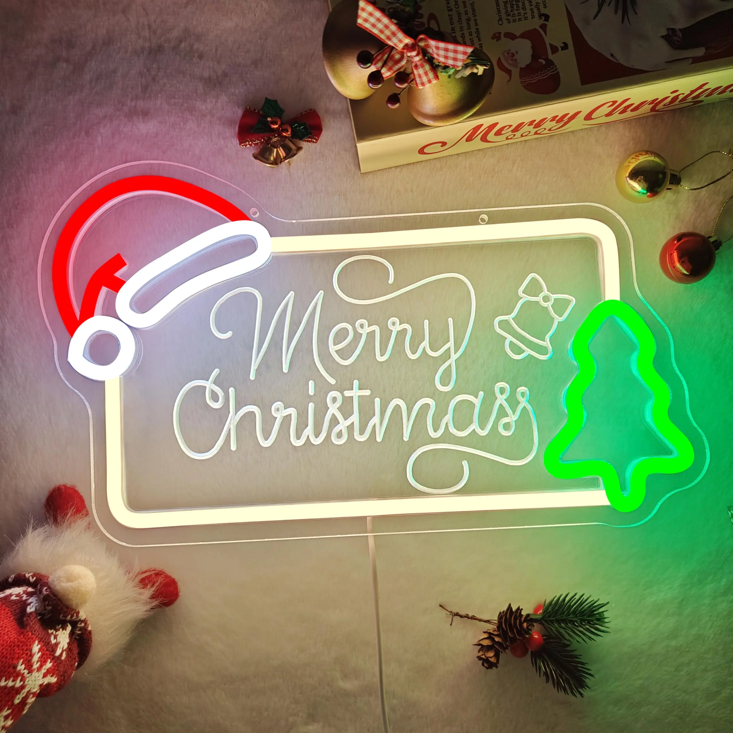 عيد ميلاد سعيد شجرة النيون نحت تضيء علامة جدار ديكور لقبعة سانتا لعيد الميلاد حفلة عطلة هدية المنزل #4