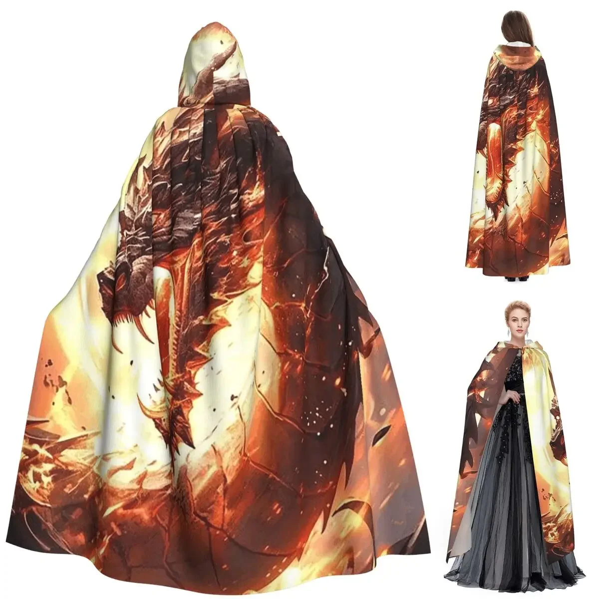 

Dragon In The Fire Long Hooded Cloak Witch Medieval Costume Cosplay Cape